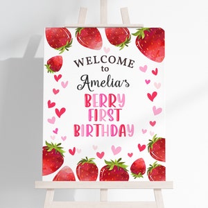 Erdbeere Geburtstag Willkommensschild Beere Erster Geburtstag Poster Mädchen 1. Geburtstag Party Dekoration Beere Sweet One Front Porch Zeichen EDITIERBAR BT37P