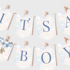 Teddybär Banner Wir können kaum warten Junge Baby Shower Party Decor Blaue Pampas Grass Girlande Boho Heißluftballons EDITIERBARE Wimpelkette BS21B
