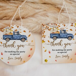 Kleiner Kürbis LKW Danke Aufkleber Herbst Baby Shower Favor Tags Junge 1.Geburtstagsgeschenk Anhänger Blauer Kürbis Patch Printable BS28B AT09B