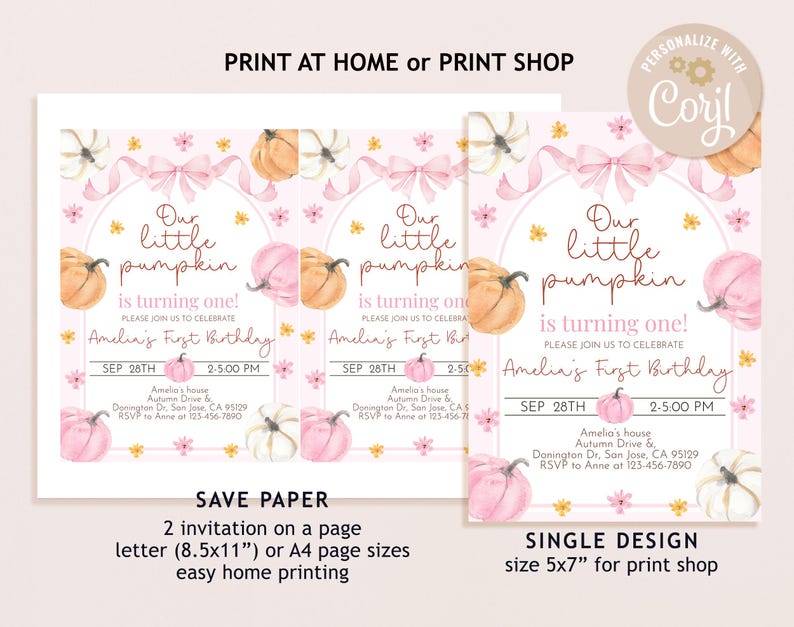 May include: Pink and white birthday invitations with watercolor pumpkins and floral accents. The text reads "Our little pumpkin is turning one!" and includes event details. The design is available in multiple sizes.
