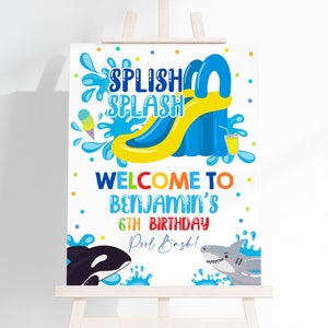 Waterslide Welcome Sign Boy Birthday Party Decor Blue Water Slide Summer Pool Party Poster Splish Splash Bash Porch Sign EDITABLE BT77B