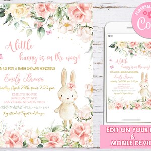 May include: A pink and white baby shower invitation with a floral design and a cartoon bunny. The invitation says "A little bunny is on the way!" and includes the text "Join us for a baby shower honoring Emily Brown, Saturday, April 28th from 2:00 pm. Emily's House, 5678 Bunny Ave, Las Vegas, Nevada 89109. RSVP to Anna at 123-4567-8909. Registered at Target and Amazon."