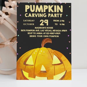 Invito per festa di Halloween con intaglio di zucca, invito autunnale a tema Jack O&#39; Lantern, modello digitale modificabile da scaricare HOL008