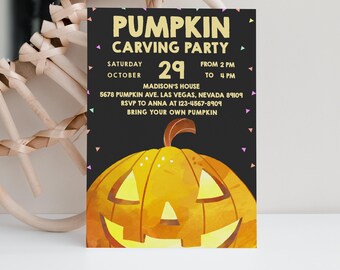Pumpkin Carving Party Invitation Halloween Invite Fall Autumn Jack O' Lantern Spooky Birthday Digital EDITABLE Template Download HOL008