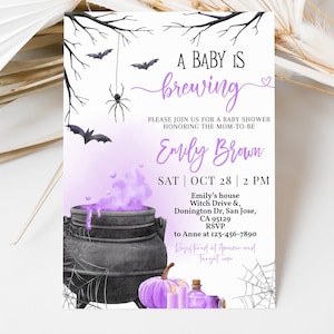 A Baby is Brewing Halloween Baby Shower Invitation Witch Baby Shower Invite Purple Cauldron Smoke Spooky Fall Autumn Party EDITABLE BS66V