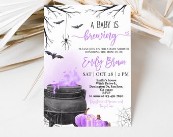 A Baby is Brewing Halloween Baby Shower Invitation Witch Baby Shower Invite Purple Cauldron Smoke Spooky Fall Autumn Party EDITABLE BS66V