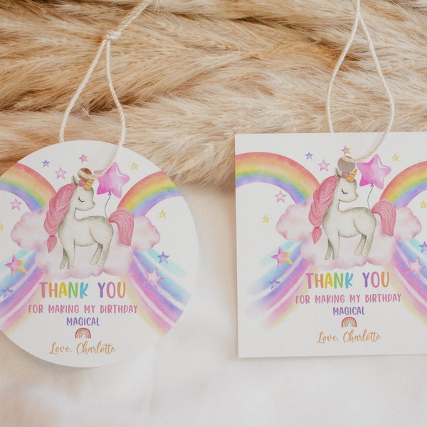 Unicorn Birthday Party Favor Tag Pastel Rainbow Thank You Stickers Girl Watercolor Magical Unicorn Gift Tags Treat Decor Printable BTD020