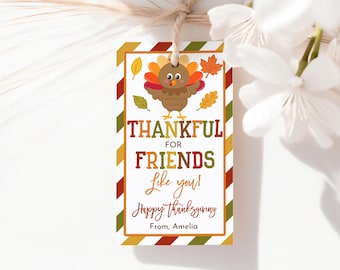 Thankful For Friends Like You Tag, Thanksgiving Turkey Gift Tags, Friendsgiving Party Favor Tag, Fall Autumn Treat Bag Tag Printable HL47O