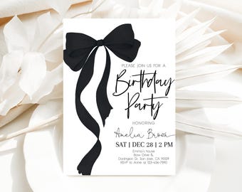Black Bow Birthday Invitation Any Age, Minimalist Coquette Ribbon Invite, Elegant Teen Girl, Womens Bday Party, EDITABLE Template AT63K