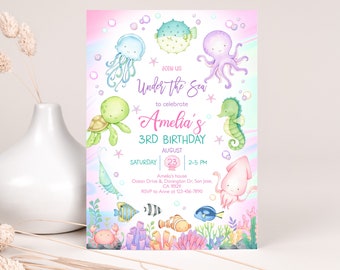 Under The Sea Birthday Invitation Ocean Animals Girl Birthday Party Invite Any Age Cute Oneder The Sea Life Underwater Theme EDITABLE AT07P