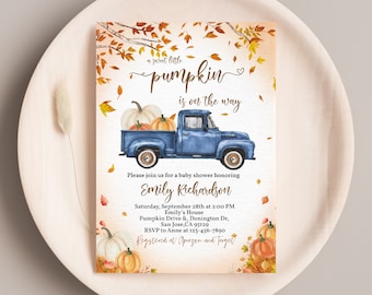 Blue Pumpkin Truck Baby Shower Invitation A Little Pumpkin Baby Shower Invite Boy Fall Autumn Leaves Pumpkin Patch Party EDITABLE BS28B