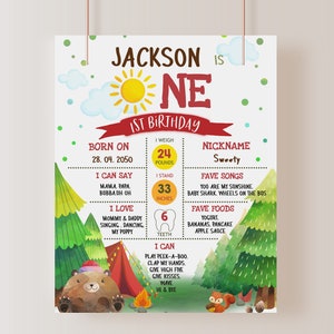 One Happy Camper Milestone Board First Birthday Party Camping Sign Outdoor Bear Bornfire Campfire Poster Lumberjack Template EDITABLE BTD012