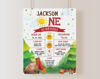 One Happy Camper Milestone Board First Birthday Party Camping Sign Outdoor Bear Bornfire Campfire Poster Lumberjack Template EDITABLE BTD012