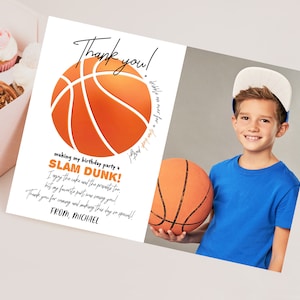 Basketbal foto bedankkaart jongen meisje verjaardagsfeestje sportteam All Star Athletic bedankje It's Game Time afdrukbare sjabloon BT13W