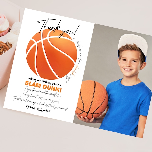 Basketball Photo Thank You Cards Sports Birthday Party Thank you Notes Boy Girl Athletic SLAM DUNK All Star Player EDITABLE Template BT13