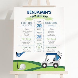 Placa de marco de aniversário de golfe, decoração de festa de aniversário de buraco em um, pôster de primeiro aniversário de menino, golfe, vamos jogar golfe, hora do jogo, EDITÁVEL BT24B