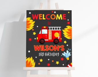 Feuerwehrauto Willkommensschild Junge 1. Geburtstag Party Dekoration Feuerwehrmann Feuerwehrmann Poster Feuerwehrmann Feuerwehr Vorderseite Veranda EDITIERBAR BT02K