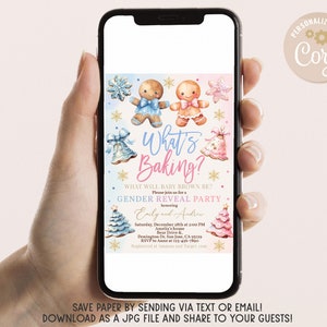 Pode incluir: Um convite para uma festa de revela&ccedil;&atilde;o de g&ecirc;nero com tema de biscoitos de gengibre. O convite apresenta dois biscoitos de gengibre, um azul e outro rosa, com o texto "What's Baking?" e um ponto de interroga&ccedil;&atilde;o. O convite tamb&eacute;m inclui o texto "Por favor, junte-se a n&oacute;s para uma festa de revela&ccedil;&atilde;o de g&ecirc;nero em homenagem a Emily e Andrew".