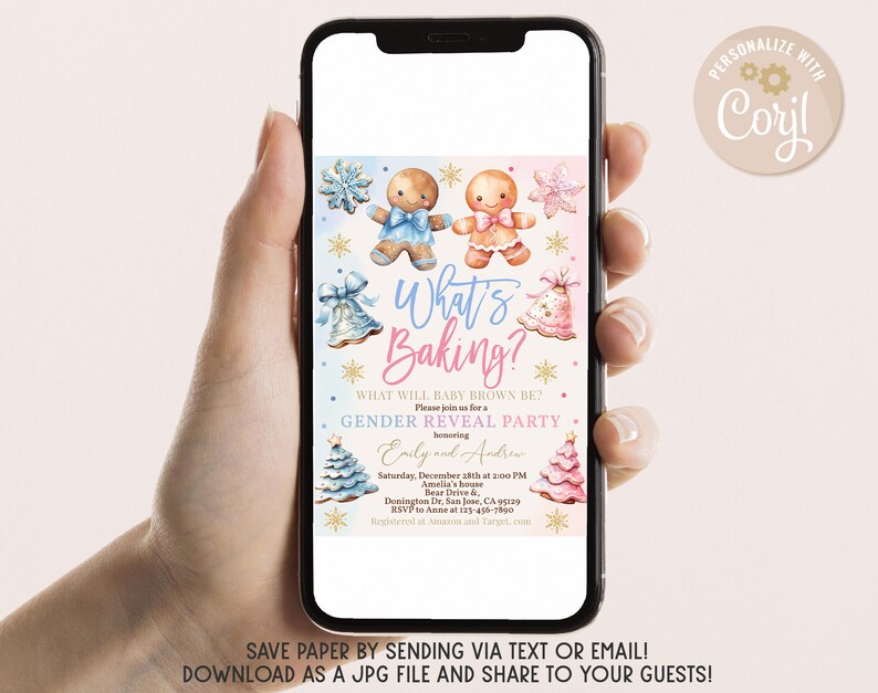 Pode incluir: Um convite para uma festa de revela&ccedil;&atilde;o de g&ecirc;nero com tema de biscoitos de gengibre. O convite apresenta dois biscoitos de gengibre, um azul e outro rosa, com o texto "What's Baking?" e um ponto de interroga&ccedil;&atilde;o. O convite tamb&eacute;m inclui o texto "Por favor, junte-se a n&oacute;s para uma festa de revela&ccedil;&atilde;o de g&ecirc;nero em homenagem a Emily e Andrew".
