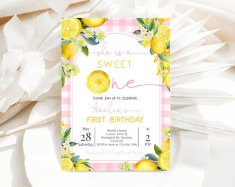 Lemon Birthday Invitation, Shes a Sweet One 1st Invite, Pink Lemonade and Fun, Citrus Floral Sunshine Summer, Yellow Gingham EDITABLE AT79P