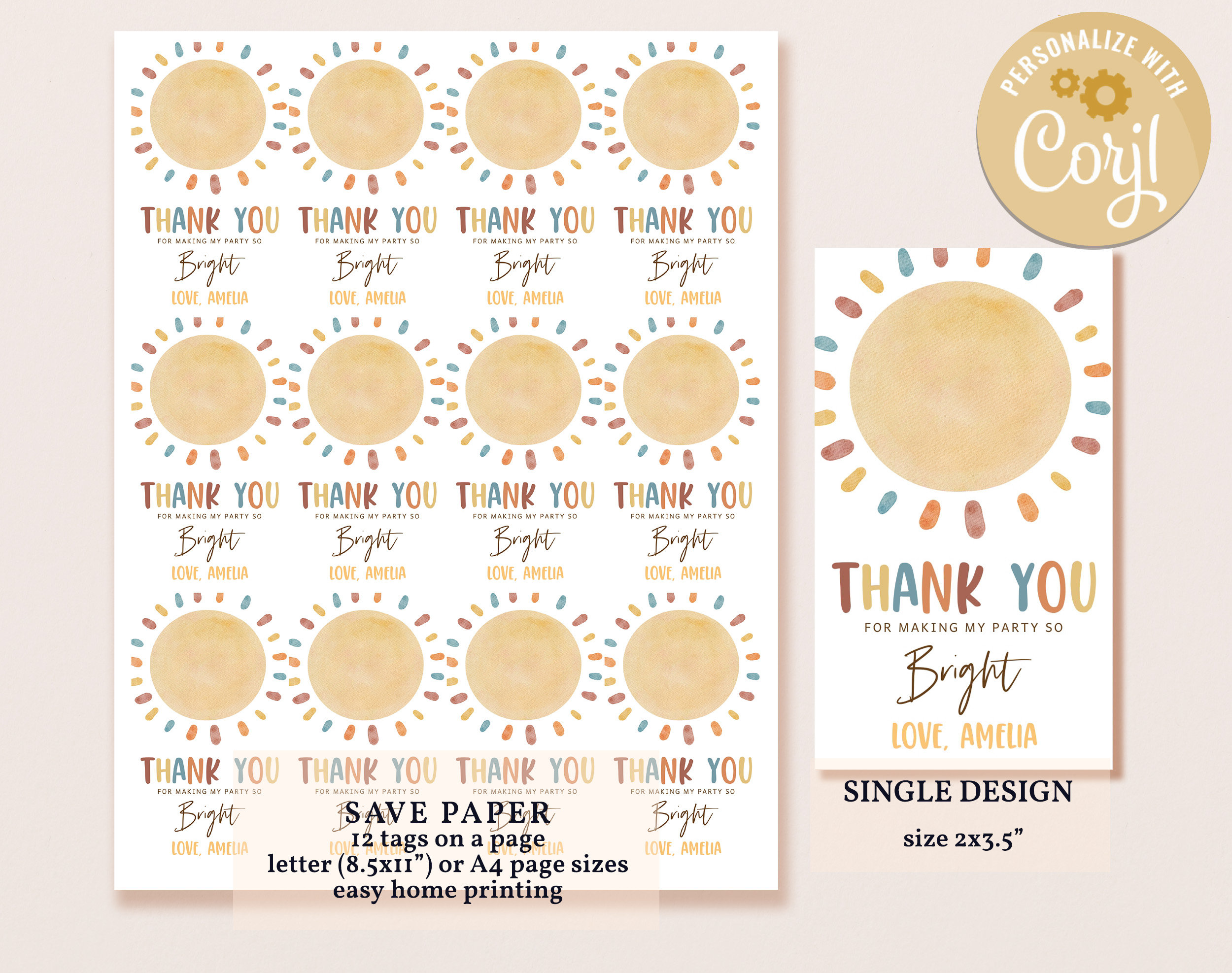 Sunshine Birthday Thank You Tags Boho Sun Baby Shower Favor Tags 1st ...