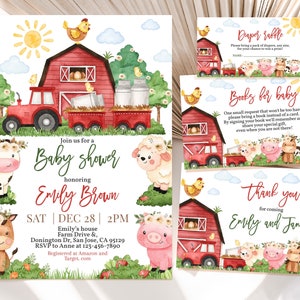 Farm Baby Shower Invitation Bundle Barn Animals Gender Neutral Invite Set Boy Girl Red Barnyard Greenery Ranch Cow Pig Lamb EDITABLE BS62R
