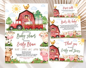 May include: Watercolor baby shower invitations and cards with a farm theme. The design features a red barn, tractor, and various farm animals like cows, sheep, and pigs. The invitation includes the text "Join us for a Baby shower" and the honoree's name.