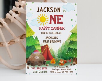 One Happy Camper First Birthday Invitation Camp Boy Forest Invite Camping Bear Outdoor Party Invite INSTANT DOWNLOAD Template BTD012
