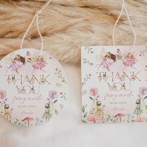 妖精のベビーシャワーの記念品タグ 女の子の誕生日ギフトタグ 魔法の森 魔法の花の庭 ティーパーティー サンキュータグ 印刷可能 BS42P BT31P