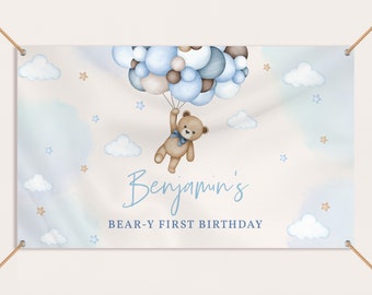 Teddybär Geburtstag Hintergrund Banner 1. Picknick Party Schild Blau Pampas Gras Fotoshooting Boho Luftballons Photobooth EDITIERBARE Vorlage BT81B