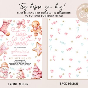 May include: A pink and white printable invitation for a 2nd birthday party with a candy cane and gingerbread theme. The front of the invitation features a gingerbread man, a gingerbread house, a snowman, and a stocking. The back of the invitation has a repeating pattern of candy canes, lollipops, and stars.