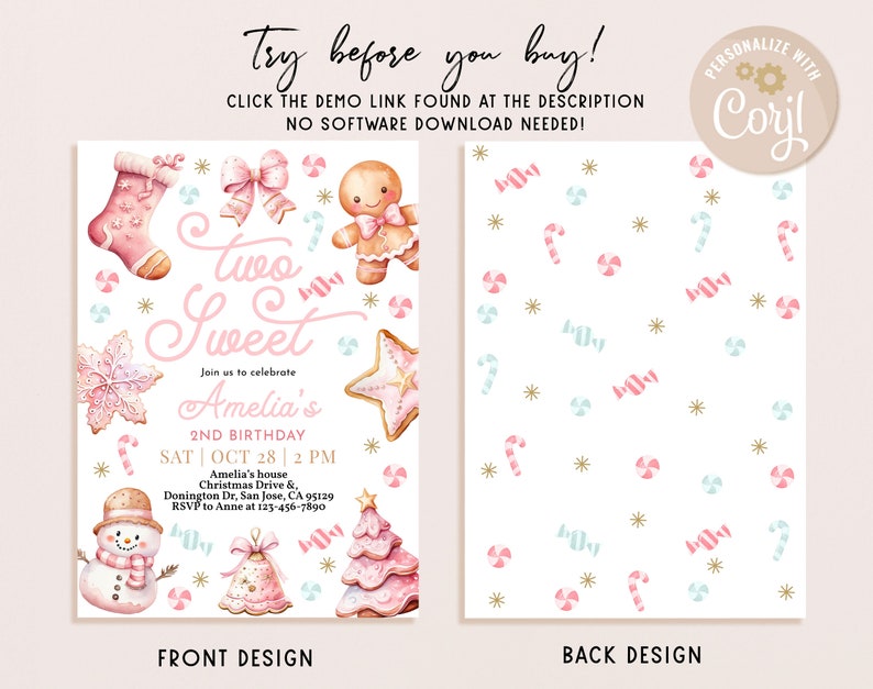 May include: A pink and white printable invitation for a 2nd birthday party with a candy cane and gingerbread theme. The front of the invitation features a gingerbread man, a gingerbread house, a snowman, and a stocking. The back of the invitation has a repeating pattern of candy canes, lollipops, and stars.