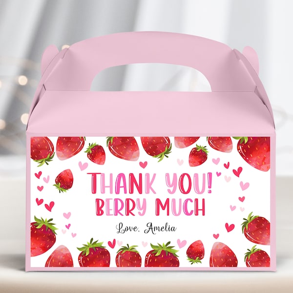 Strawberry Baby Shower Gable Box Label Berry First Birthday Gift Treats Box Girl Berry Sweet One Summer Fruit Pink Red Printable BS16P BT37P