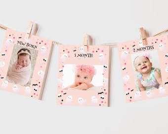 Halloween Monthly Photo Banner Spooky One Girl 1st Birthday Decor Spooktacular Party Pink Ghost Hey Boo 12 Month Bunting Flag EDITABLE AT08P