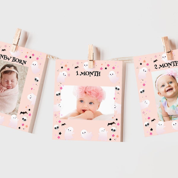 Halloween Monthly Photo Banner Spooky One Girl 1st Birthday Decor Spooktacular Party Pink Ghost Hey Boo 12 Month Bunting Flag EDITABLE AT08P