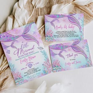 Inbjudningspaket för sjöjungfrubabyshower under havet Inbjudningsset Lilla sjöjungfrun Rosa lila kricka Nyckfullt hav Havsströssel REDIGERBART BS37V bild 4