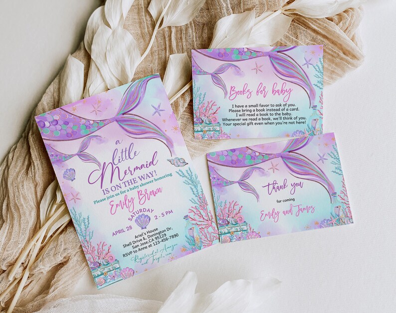 Inbjudningspaket för sjöjungfrubabyshower under havet Inbjudningsset Lilla sjöjungfrun Rosa lila kricka Nyckfullt hav Havsströssel REDIGERBART BS37V bild 4