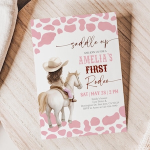 My First Rodeo Birthday Invitation Cowgirl 1st Birthday Invite Wild West Party Western Pink Horse Saddle Up Rustic Country EDITABLE AT75P
