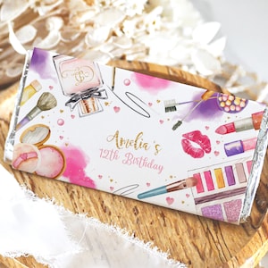 Incarto di cioccolato per feste in spa, trucco per ragazze, decorazioni per pigiama party, festa di coccole, manicure e pedicure per adolescenti, pigiama party glamour, 1,55 oz, stampabile, BT70