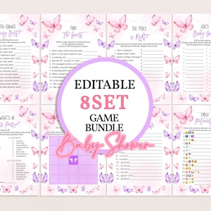 Butterfly Baby Shower Games Set Spring Gender Neutral Party Game Pink Purple Butterflies Floral Printable Emoji Bingo Word Scramble BS36V