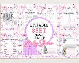 Op de afbeelding: Printbare baby shower-spelbundel met 8 verschillende spellen. De spellen hebben een roze en paarse vlinderthema met een lichtroze achtergrond. De spellen omvatten: Wie kent mama het beste?, Vind de gast, Wat zit er in je tas?, De prijs is goed?, ABC-baby-spel, Emoji-Pictionary.