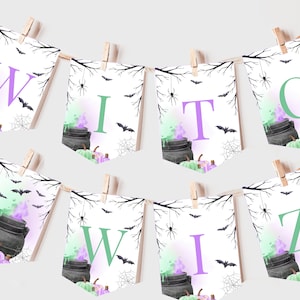 Halloween Gender Reveal Party Banner A Baby is Brewing Witch Baby Shower Decor Boy or Girl He or She Garland EDITABLE Bunting Flag BS66X