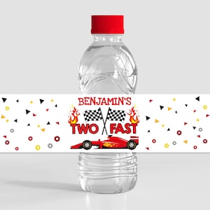Dos etiquetas para botellas de agua rápidas, regalos de fiesta de cumpleaños, envoltorio curioso, regalo para niños con temática de autos de carreras, decoración de carreras, pegatina impermeable imprimible BTD023
