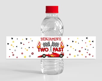 Dos etiquetas para botellas de agua rápidas, regalos para fiestas de cumpleaños, envoltorios curiosos, regalo para niños con temática de autos de carreras, decoración de carreras, pegatinas impermeables imprimibles BTD023