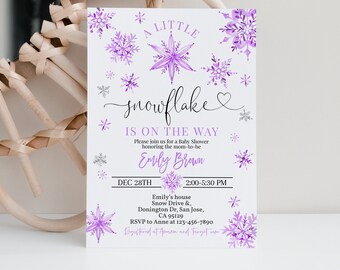May include: A purple and silver snowflake baby shower invitation with the text "A Little Snowflake is on the Way" and the date "Dec 28th".
