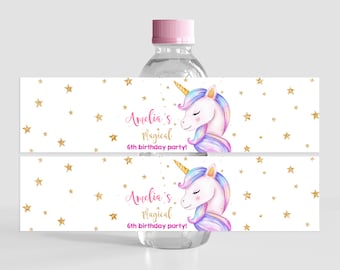 Unicorn Water Bottle Label Girl 1st First Birthday Party Decor Magical Pastel Rainbow Unicorn Pink Purple Gold Drink Label Printable BT20P