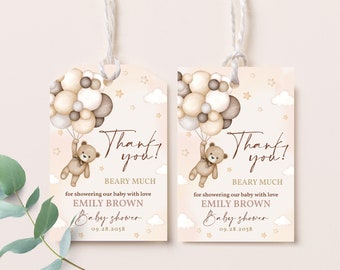Teddy Bear Birthday Favor Tags Cute Bear Thank You Tags Baby Shower Gift Tags Boho Beige Balloons Party Favors Label Printable BS21E BT81E