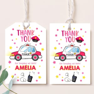 Police Birthday Favor Tags Police Officer Gift Tags Girl 1st Birthday Party Favors Cop Car Thank You Tags Label Printable Template BT29P