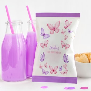 Schmetterling Geburtstag Chip Taschenetiketten Mädchen 1. Geburtstag Dekor Rosa Lila Schmetterlinge Blumen Frühling Gartenparty Snack Leckereien EDITIERBAR BT93V
