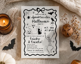 Editable Halloween Party Invite, Spooky Night Out Invitation Template, Black White Doodle Hand Drawn Bow, Tricks Treats Costume Bash HL44K